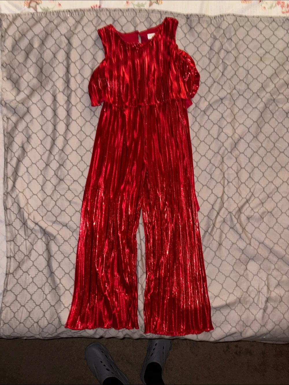 Kensie Metallic Red Pleated Cold-Shoulder Jumpsuit